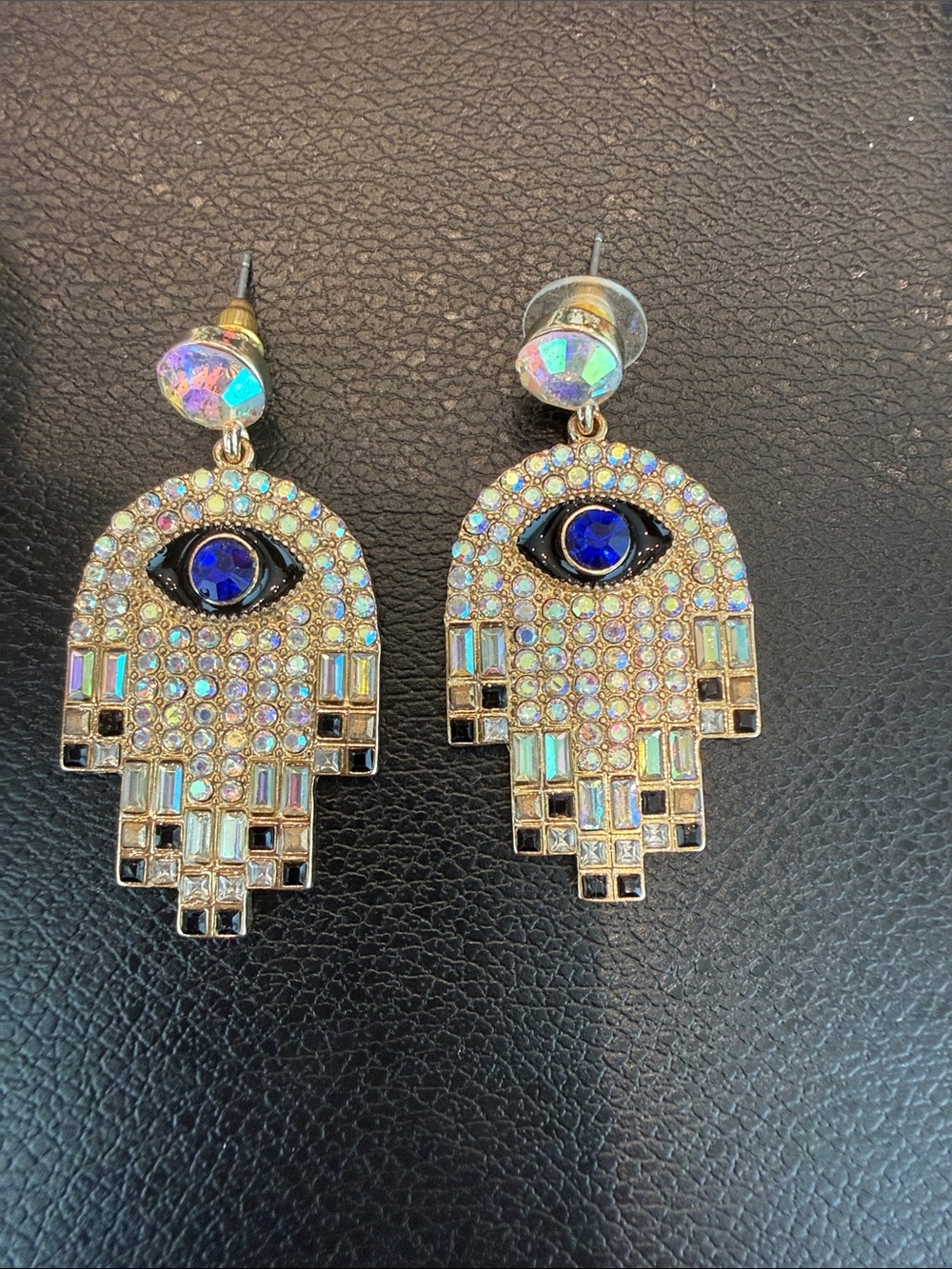 Hamsa Evil Eye Crystal Drop Earrings - Iridescent Blue